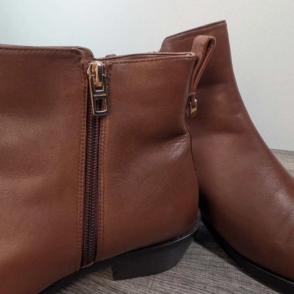 Coach Carmen Leather Ankle Boots Brown Side Zip Block Heel Size‎ 9B